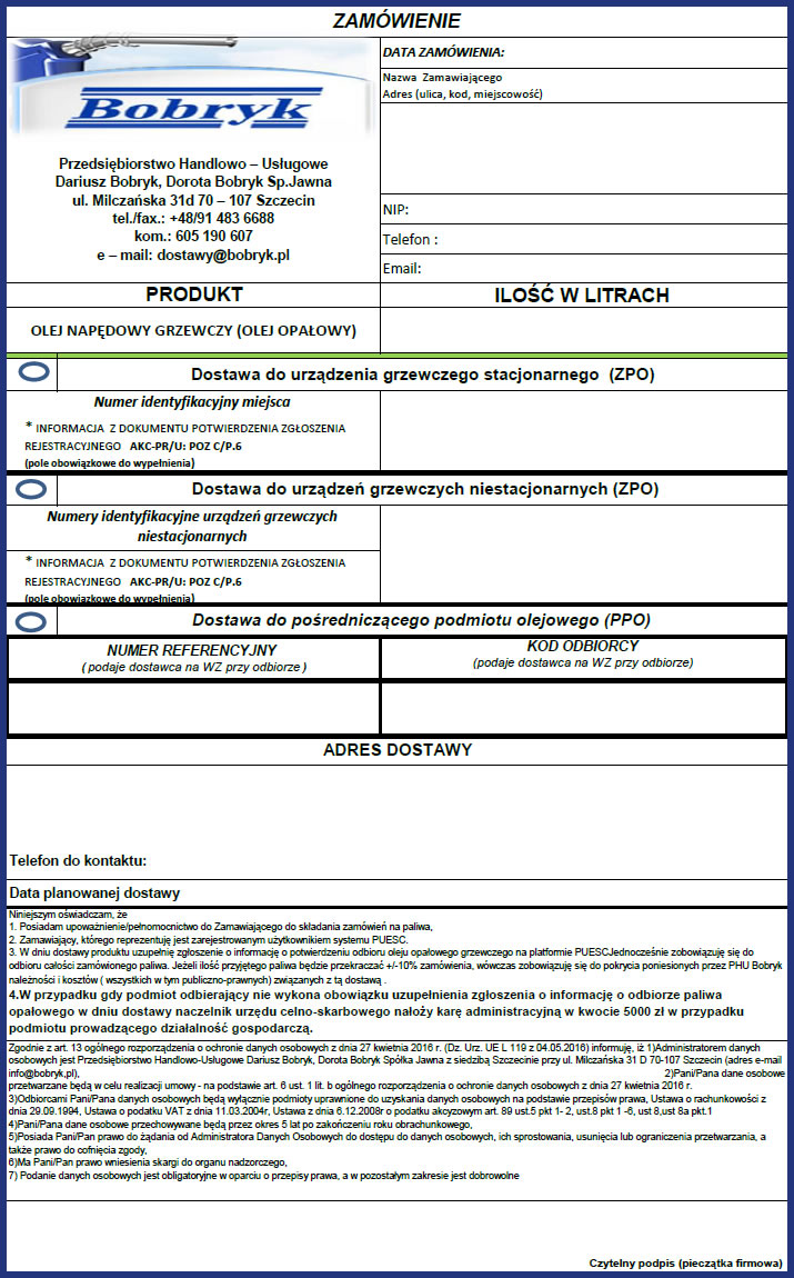 wzór zamówienia